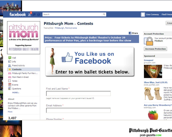 Tinkerbell helps out.  Fans can sign up on PittsburghMom's Facebook page, or, aternatively, on the Ballet's page. All banner ads click-through to these pages. 